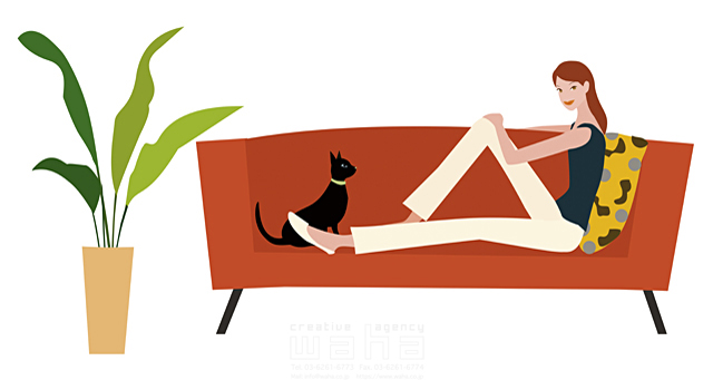 イラスト＆写真のストックフォトwaha（ワーハ）　リビング、女性、リラックス、休憩、座る、腰掛ける、椅子、インテリア、家具、観葉植物、鉢植え、ペット、猫　海野 富子　14-0282c