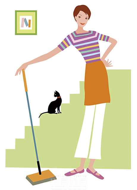 イラスト＆写真のストックフォトwaha（ワーハ）　女性、家事、掃除、清掃、クリーナー、清潔感、エプロン、階段、ペット、猫、きれい好き　海野 富子　14-0284c