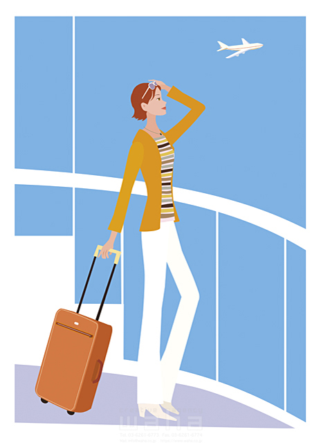 女性 屋外 海外旅行 スーツケース 旅行鞄 キャスターケース キャリーケース キャリーバック 飛行場 空港 旅立ち 開放感 青空 眺める 飛行機 ビジネス イラスト作品紹介 イラスト 写真のストックフォトwaha ワーハ カンプデータは無料