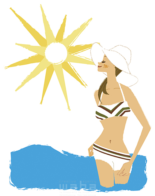 イラスト＆写真のストックフォトwaha（ワーハ）　女性、夏、屋外、開放感、遊ぶ、水着、ビキニ、水泳、スイミング、海水浴場、海岸、海辺、快晴、南の島、リゾート、アウトドア、太陽、日差し、眩しい、輝く、暑い、紫外線、日焼け、帽子　カワムラ アキコ　14-0315c
