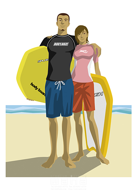 イラスト＆写真のストックフォトwaha（ワーハ）　人物、夏、夫婦、スポーツ、2人、男性、女性、元気、健康、ボディーボード、ボディボーダー、海岸、海辺、砂浜、浜辺、屋外、開放感、肩を組む、肩を抱く、ウェットスーツ、レジャー、遊ぶ　b-t　14-0476c
