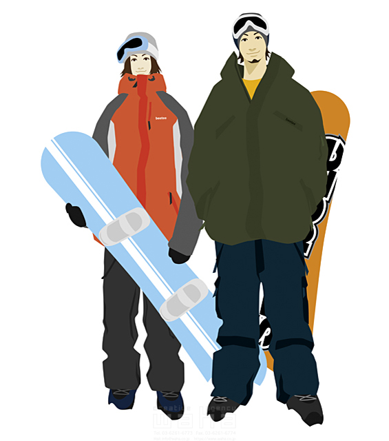イラスト＆写真のストックフォトwaha（ワーハ）　人物、夫婦、スポーツ、冬、2人、男性、女性、元気、健康、スノーボード、スノボー、屋外、雪山、雪、スキー場、スキーウェアー、ゴーグル、レジャー、遊び　b-t　14-0478c