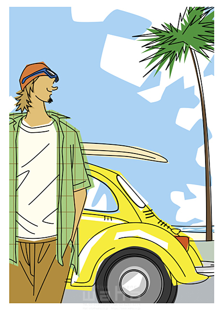 イラスト＆写真のストックフォトwaha（ワーハ）　人物、夏、スポーツ、男性、元気、健康、サーフボード、サーフィン、サーファー、海岸、海辺、屋外、青空、開放感、自動車、ヤシの木、椰子の木、メガネ、サングラス　b-t　14-0516b