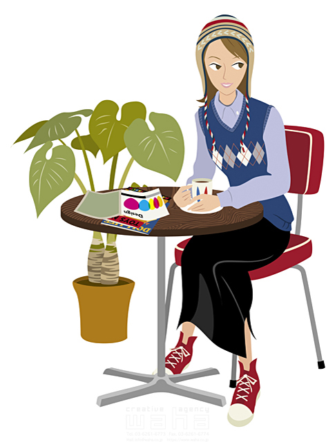 イラスト＆写真のストックフォトwaha（ワーハ）　女性、若者、女の子、屋外、リラックス、休憩、飲む、飲み物、お茶、コーヒー、テーブル、椅子、座る、腰掛ける、観葉植物、鉢植え　両口 和史　14-0565c