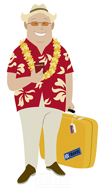 イラスト＆写真のストックフォトwaha（ワーハ）　人物、中高年、シニア、夏、男性、祖父、屋外、帽子、メガネ、サングラス、フラワーレイ、アロハシャツ、スーツケース、旅行鞄、海外旅行、リゾート、ハワイ　両口 和史　14-0578b