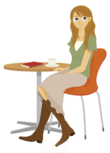イラスト＆写真のストックフォトwaha（ワーハ）　女性、若者、女の子、屋外、リラックス、休憩、飲む、飲み物、お茶、コーヒー、テーブル、椅子、ロングブーツ　両口 実加　14-0594b