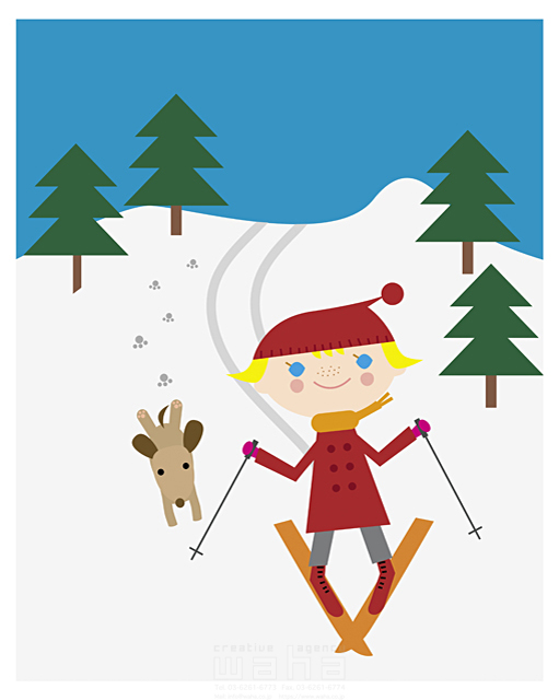 イラスト＆写真のストックフォトwaha（ワーハ）　子供、冬、スポーツ、女の子、遊ぶ、スキー、ストック、滑る、滑走、雪山、スキー場、雪、青空、ペット、犬、元気、健康、ほのぼの　たかはし なな　14-0632b