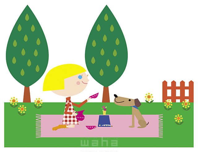 イラスト＆写真のストックフォトwaha（ワーハ）　子供、ガーデンライフ、女の子、元気、健康、樹木、ほのぼの、ペット、犬、おままごと、遊ぶ、芝生、野原、広場　たかはし なな　14-0637b
