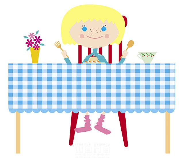 イラスト＆写真のストックフォトwaha（ワーハ）　子供、女の子、元気、健康、ほのぼの、食べる、食べ物、おやつ、デザート、お菓子、プリン、テーブル、椅子　たかはし なな　14-0642b