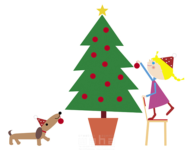 イラスト＆写真のストックフォトwaha（ワーハ）　子供、女の子、元気、健康、ほのぼの、ペット、犬、遊ぶ、飾り付け、クリスマスツリー、椅子、行事　たかはし なな　14-0643b
