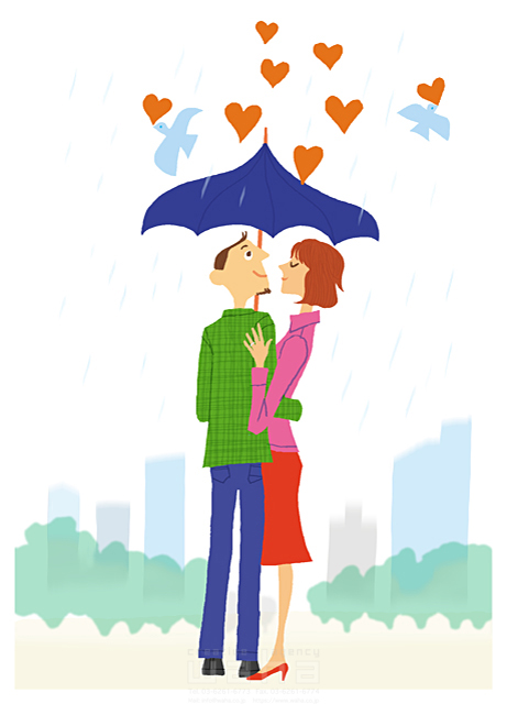 イラスト＆写真のストックフォトwaha（ワーハ）　人物、夫婦、愛情、2人、男性、女性、恋人、屋外、散歩、デート、ほのぼの、雨天、雨降り、相合い傘、街、ストリート、抱き合う、ロマンチック、鳥、鳥　大野 和夫　14-0747b