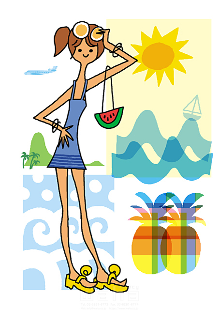 イラスト＆写真のストックフォトwaha（ワーハ）　夏、若者、女性、屋外、南の島、リゾート、海岸、海辺、開放感、水着、メガネ、サングラス、太陽、パイナップル、パイン、波、水泳、スイミング、海水浴、夏休み、元気、健康、トラベル　大野 和夫　14-0750b
