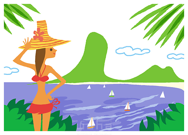 イラスト＆写真のストックフォトwaha（ワーハ）　女性、夏、トロピカル、屋外、南の島、リゾート、海岸、海辺、開放感、麦わら帽子、水着、ビキニ、ヨット、ヤシの葉、椰子の葉　大野 和夫　14-0760b