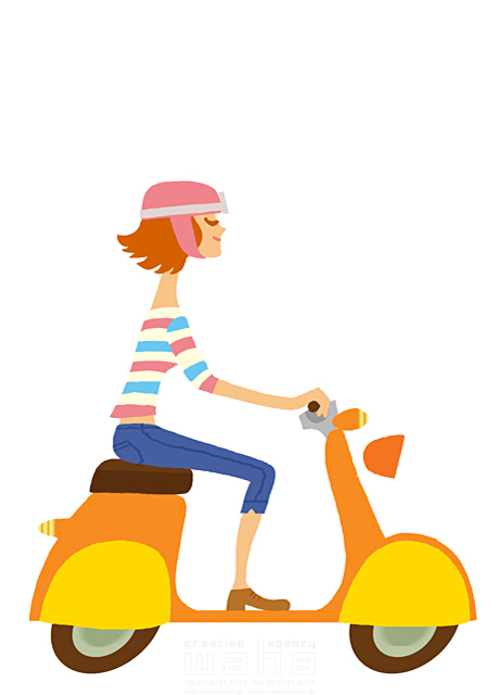 イラスト＆写真のストックフォトwaha（ワーハ）　女性、バイク、屋外、乗り物、ヘルメット、運転、スタート　大野 和夫　14-0763b