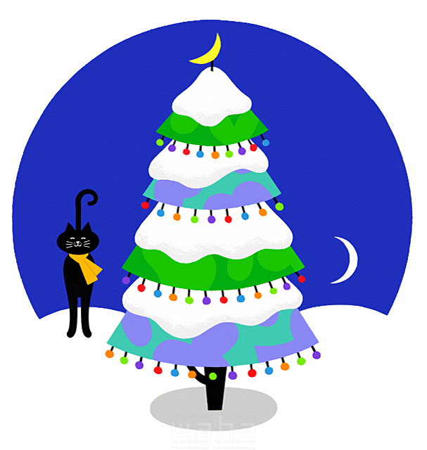 イラスト＆写真のストックフォトwaha（ワーハ）　冬、クリスマスツリー、猫、夜空、三日月、装飾、飾り付け、静か　eka　14-1171b