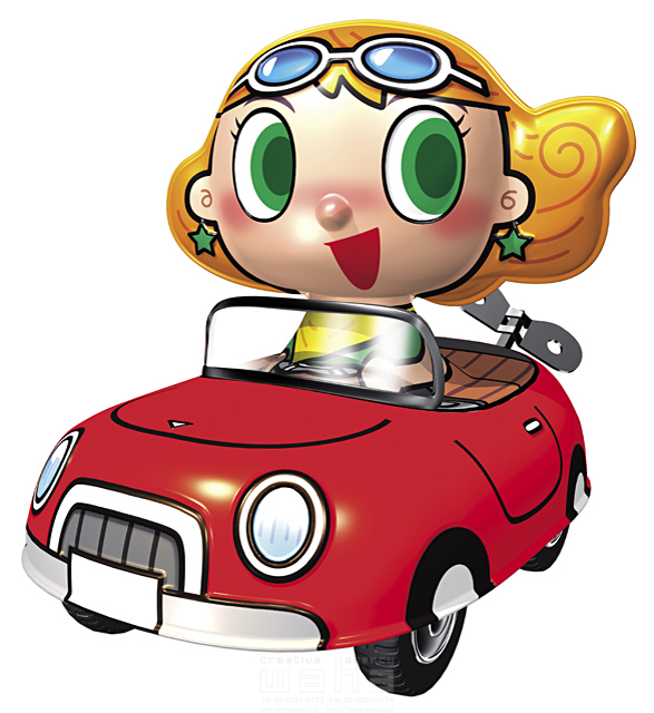 イラスト＆写真のストックフォトwaha（ワーハ）　キャラクター、女性、リアル、ブリキのおもちゃ、ゼンマイ仕掛け、ゼンマイ人形、屋外、運転、スタート、オープンカー、マイカー、車内、車中、メガネ、サングラス、レジャー、遊ぶ、自動車　川野 光弘　14-1192b
