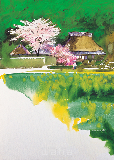 昔懐かしい春の農村図です日本画水彩画 農村 春色図 - 絵画/タペストリ