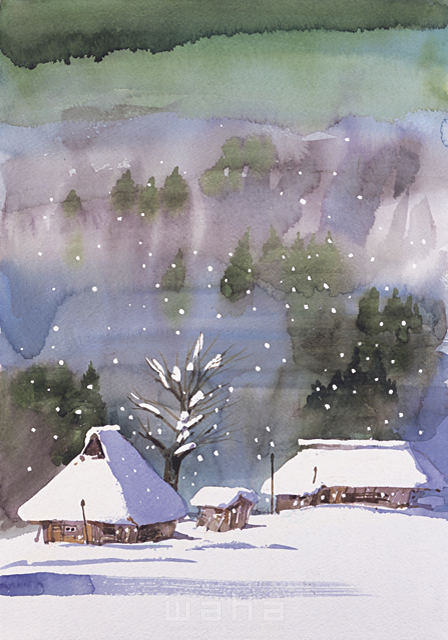 イラスト＆写真のストックフォトwaha（ワーハ）　自然、風景、地球、世界、日本、冬、情緒、風情、茅葺き屋根、古民家、農家、農村、田舎、家並み、雪景色、雪化粧、静か、水彩　金 斗鉉　14-1361c