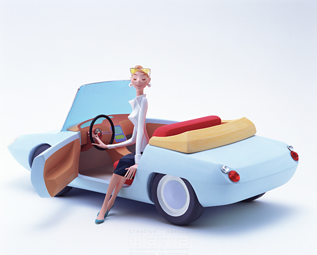 イラスト＆写真のストックフォトwaha（ワーハ）　女性、自動車、オープンカー、スポーツカー、ハンドル、車内、車中、外出、クラフト、クレイ　Tatsuya　15-0103c