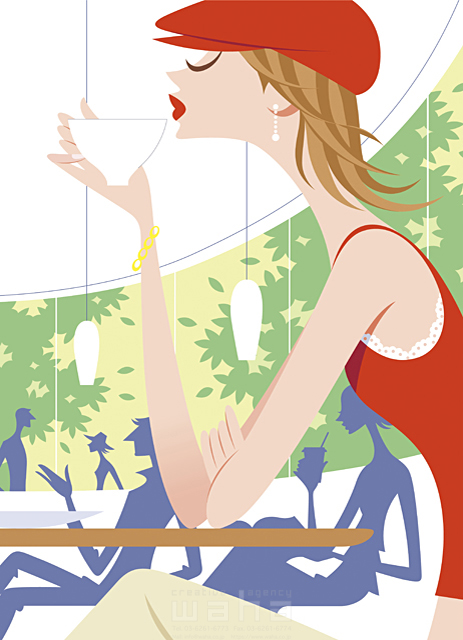 イラスト＆写真のストックフォトwaha（ワーハ）　女性、リラックス、休憩、休む、飲む、飲み物、お茶、外出、赤いキャスケット帽子、テーブル　SUNNY　15-0152c