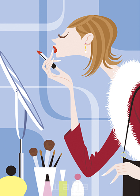 イラスト＆写真のストックフォトwaha（ワーハ）　女性、ヘルシー、ビューティ、身支度、お化粧品、メークアップ、口紅を塗る、リップスティック、口元、唇、鏡、ミラー　SUNNY　15-0180c