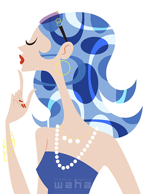 イラスト＆写真のストックフォトwaha（ワーハ）　女性、青い水玉模様の髪の毛、サイケデリック、おしゃれ、ファッション、メガネ、サングラス、アクセサリー、おすまし、着飾る　SUNNY　15-0186b