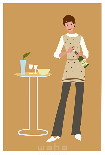 イラスト＆写真のストックフォトwaha（ワーハ）　女性、エプロン、飲む、飲み物、ワインボトル、ワイングラス　海野 富子　15-0370c