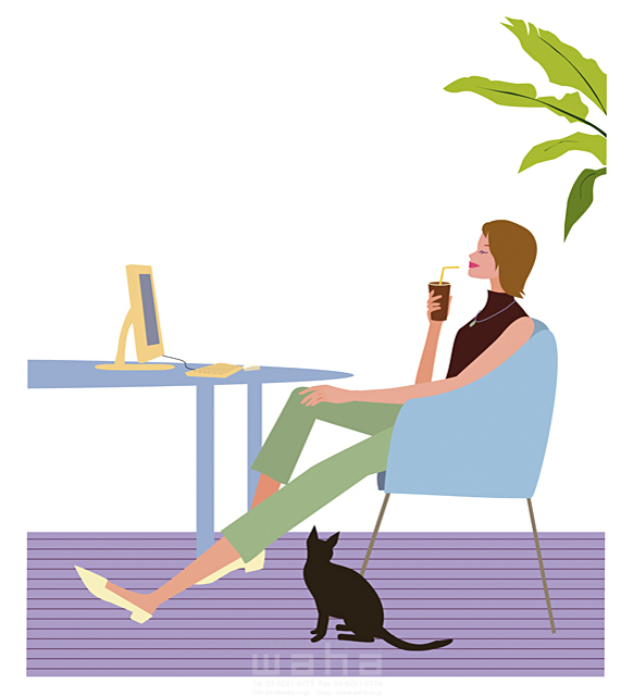 イラスト＆写真のストックフォトwaha（ワーハ）　女性、パソコン、ITライフ、ペット、リラックス、休憩、飲む、飲み物、テーブル、椅子、猫、住宅、マンション　海野 富子　15-0375c
