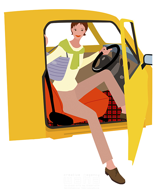 イラスト＆写真のストックフォトwaha（ワーハ）　女性、外出、車内、車中、ハンドル、ドア、扉、自動車、ドライブ　海野 富子　15-0382c