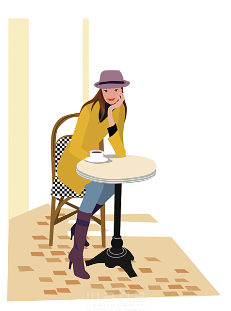 イラスト＆写真のストックフォトwaha（ワーハ）　女性、外出、リラックス、休憩、飲む、飲み物、お茶、テーブル、椅子、頬杖をつく、街、帽子、ブーツ、オープンカフェ、秋　海野 富子　15-0384c