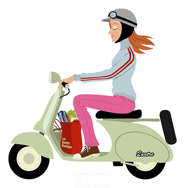 イラスト＆写真のストックフォトwaha（ワーハ）　女性、バイク、ショッピング、外出、乗り物、運転、ヘルメット、軽快　両口 和史　15-0437b