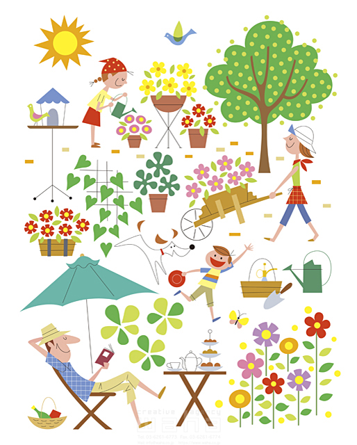 イラスト＆写真のストックフォトwaha（ワーハ）　家族、親子、ガーデンライフ、ペット、複数、4人、父、母、子供、男の子、女の子、娘、息子、リラックス、樹木、植木鉢、花壇、草花、植物、育てる、園芸用品、ガーデンパラソル　SUNNY　15-0517c