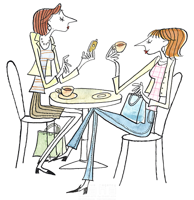 イラスト＆写真のストックフォトwaha（ワーハ）　女性、2人、友達、グループ、仲間、リラックス、休憩、飲む、飲み物、お茶、テーブル、椅子、外出、線画　桑原 節　15-0624b