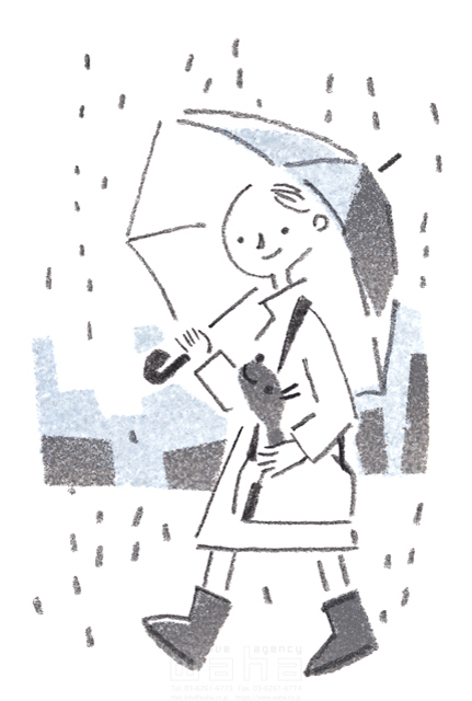 子供 ペット モノクローム 白黒 モノトーン 女の子 レインコート レインブーツ 長靴 雨天 雨降り 傘を差す 歩く 外出 散歩 愛情 ほのぼの 街 イラスト作品紹介 イラスト 写真のストックフォトwaha ワーハ カンプデータは無料