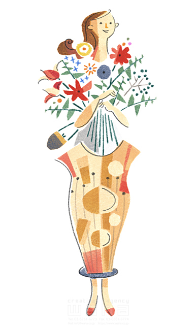 イラスト＆写真のストックフォトwaha（ワーハ）　女性、外出、植物、切り花、草花、花束、生ける、飾る、フラワーアレンジメント、生け花、贈り物、プレゼント　石橋 富士子　15-0679b
