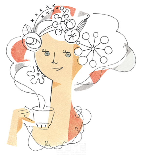 イラスト＆写真のストックフォトwaha（ワーハ）　人物イメージ、女性、リラックス、休憩、飲む、飲み物、お茶、コーヒー、温かい、髪飾り、おしゃれ　石橋 富士子　15-0680b