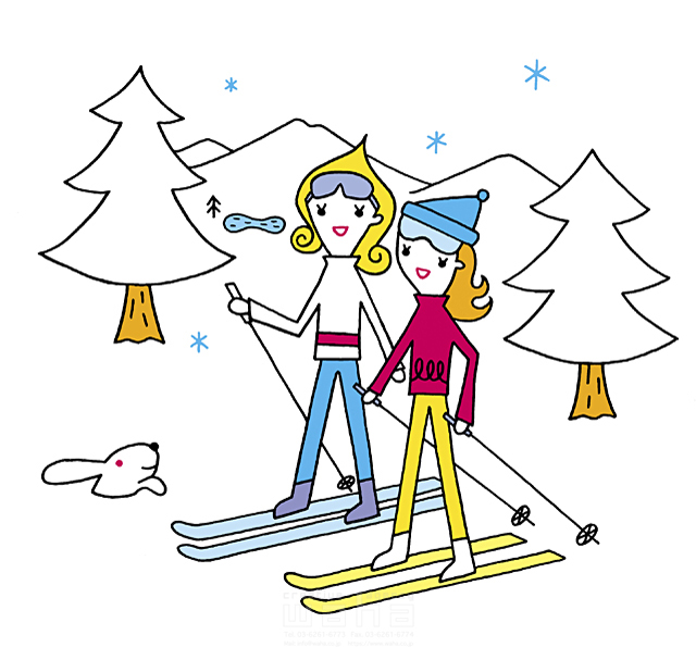 イラスト＆写真のストックフォトwaha（ワーハ）　女性、冬、スポーツ、2人、女の子、友達、グループ、仲間、休暇、外出、冬休み、元気、健康、雪、スキーリゾート、雪山、スキー場、滑る、滑走、ゴーグル、ストック、スキー板、雪うさぎ　谷口 シロウ　15-0823b