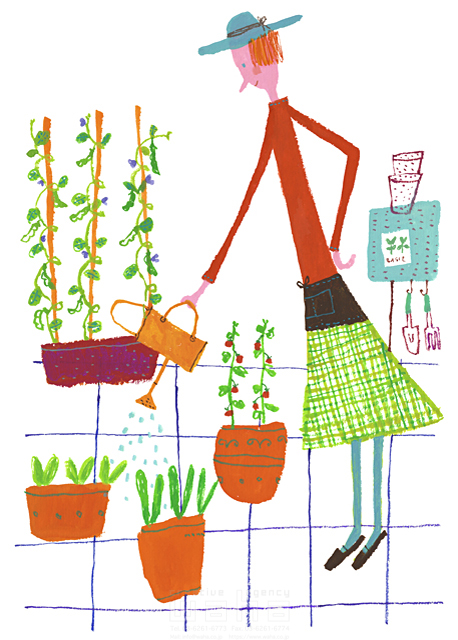 イラスト＆写真のストックフォトwaha（ワーハ）　女性、ガーデンライフ、ほのぼの、園芸、育てる、水やり、水まき、じょうろ、植木鉢、草花、植物、テラス、ベラン　すがわら けいこ　15-0951c