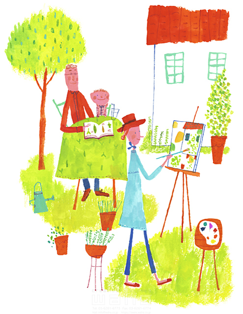 イラスト＆写真のストックフォトwaha（ワーハ）　家族、親子、ガーデンライフ、趣味、家、マンション、3人、父、母、子供、休暇、リラックス、休憩、絵を描く、絵画、イーゼル、本、読み聞かせ、絵本、植物、鉢植え、草木、芝生、植木、ほのぼの、住宅　すがわら けいこ　15-0953c