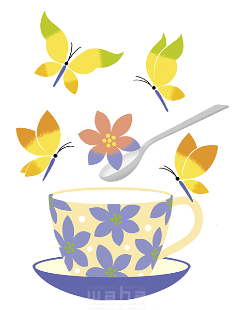 イラスト＆写真のストックフォトwaha（ワーハ）　花、インテリア、オブジェ、物、リラックス、休憩、愛情、賑やか、花柄、花模様、昆虫、蝶、コーヒーカップ、ティーカップ、カップソーサー、スプーン、食器、コーヒー、紅茶、お茶、カフェ、喫茶店　eka　15-0962b