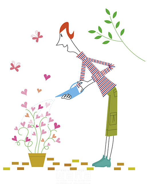 イラスト＆写真のストックフォトwaha（ワーハ）　ガーデンライフ、女性、愛情、ほのぼの、園芸、育つ、育てる、植木鉢、草花、植物、葉、水やり、水まき、じょうろ、伸びる、伸ばす、成長　ランディ・マカロン　15-1078b