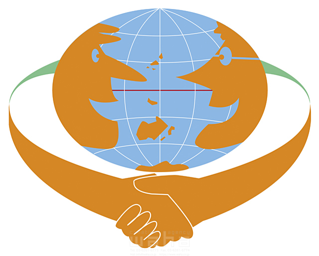 イラスト＆写真のストックフォトwaha（ワーハ）　ビジネスイメージ、電話、コミュニケーション、地球、世界、日本、握手をする、手を握る、信頼、ネットワーク、成功、協力、団結、チームワーク、地球儀、友好関係、情報交換、共同体　ランディ・マカロン　15-1091b