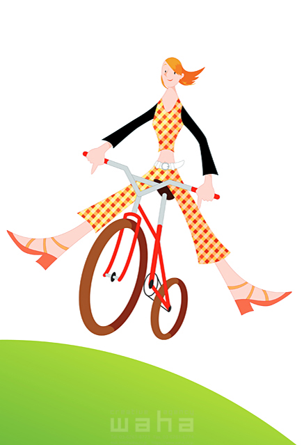 イラスト＆写真のストックフォトwaha（ワーハ）　女性、外出、サイクリング、乗り物、元気、健康、ジャンプ、跳ぶ、跳ねる、芝生、広場、草原、野原、開放感　坂本 アキラ　15-1191b