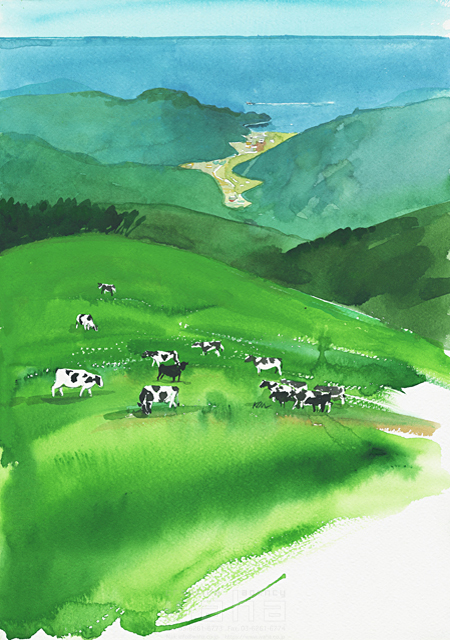 イラスト＆写真のストックフォトwaha（ワーハ）　自然、風景、地球、世界、日本、夏、リラックス、ほのぼの、野原、草原、野山、そよ風、開放感、清涼感、涼しい、牛、牧場、放牧、酪農、水彩　金 斗鉉　15-1333c