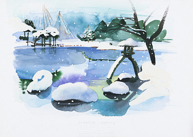 イラスト＆写真のストックフォトwaha（ワーハ）　自然、風景、地球、世界、日本、冬、情緒、風情、雪、北国、日本庭園、池、水面、静か、水彩　金 斗鉉　15-1353c
