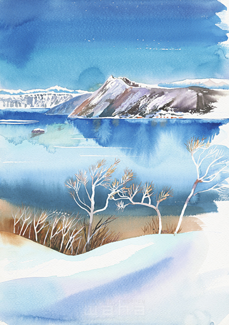 自然 風景 地球 世界 日本 冬 情緒 風情 雪 北国 水面 湖 山脈 静か 透明感 青空 水彩 イラスト作品紹介 イラスト 写真のストックフォトwaha ワーハ カンプデータは無料