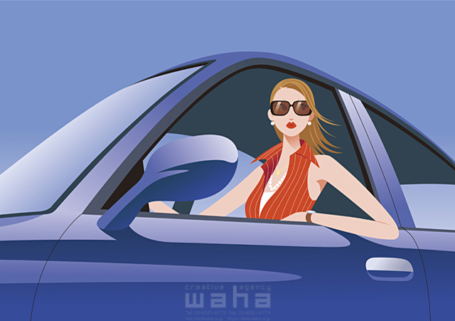 イラスト＆写真のストックフォトwaha（ワーハ）　人物、女性、街、乗り物、自動車、ドライブ　SUNNY　16-0018bv