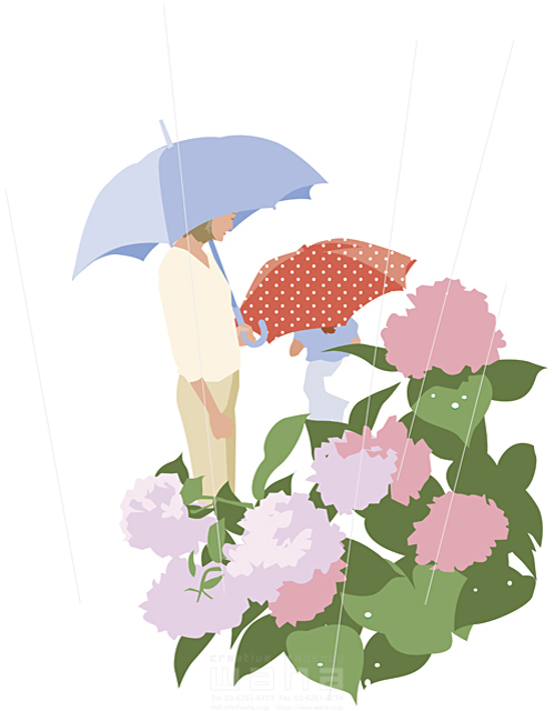 人物 家族 親子 母 娘 2人 屋外 雨 梅雨 傘 あじさい イラスト作品紹介 イラスト 写真のストックフォトwaha ワーハ カンプデータは無料