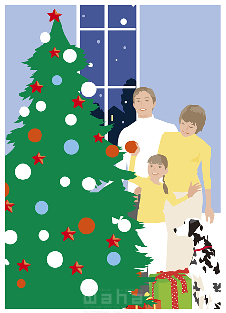 イラスト＆写真のストックフォトwaha（ワーハ）　人物、家族、父、母、娘、3人、ペット、犬、冬、クリスマス、クリスマスツリー　都筑 みなみ　16-0036c