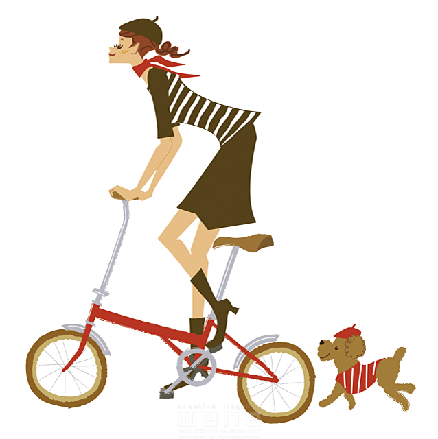 イラスト＆写真のストックフォトwaha（ワーハ）　人物、女性、20代、30代、1人、屋外、散歩、ペット、犬、乗り物、自転車　カワムラ アキコ　16-0135b